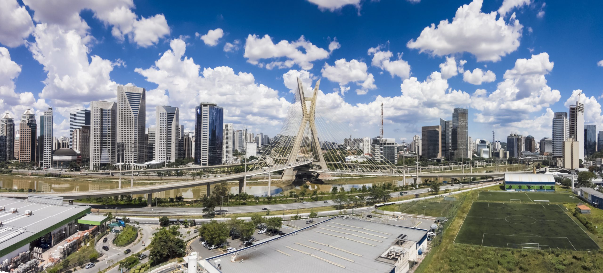 Panoramic Photo of the famous cable stayed bridge located at Sao Paulo city. The name of this bridge is "Octavio Frias de Oliveira ". This is a famous image of the most important  city of Brazil. The bridge is over Pinheiros River and Marginal Pinheiros.